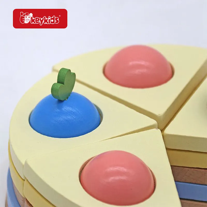 Kids pretend play wooden birthday cake toy with knife and plate W10D606